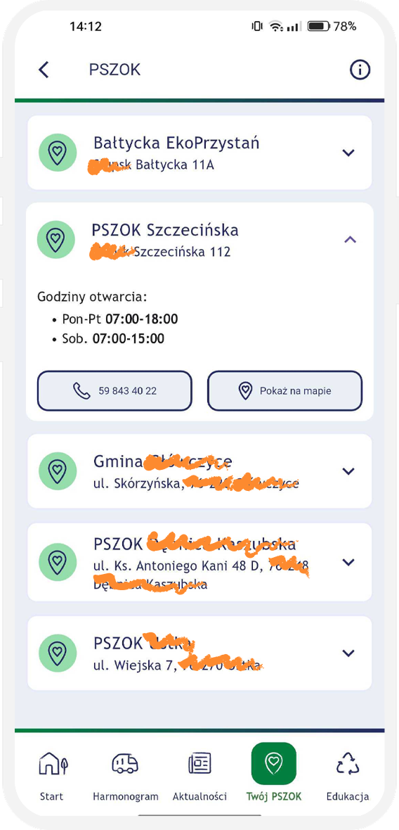 PSZOK — collection points (redacted)