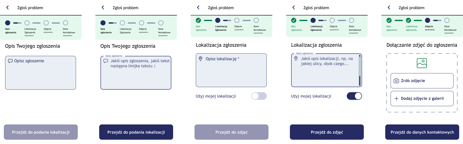 'Zgłoś problem' flow — hi-fi wireframes, screens 1–5