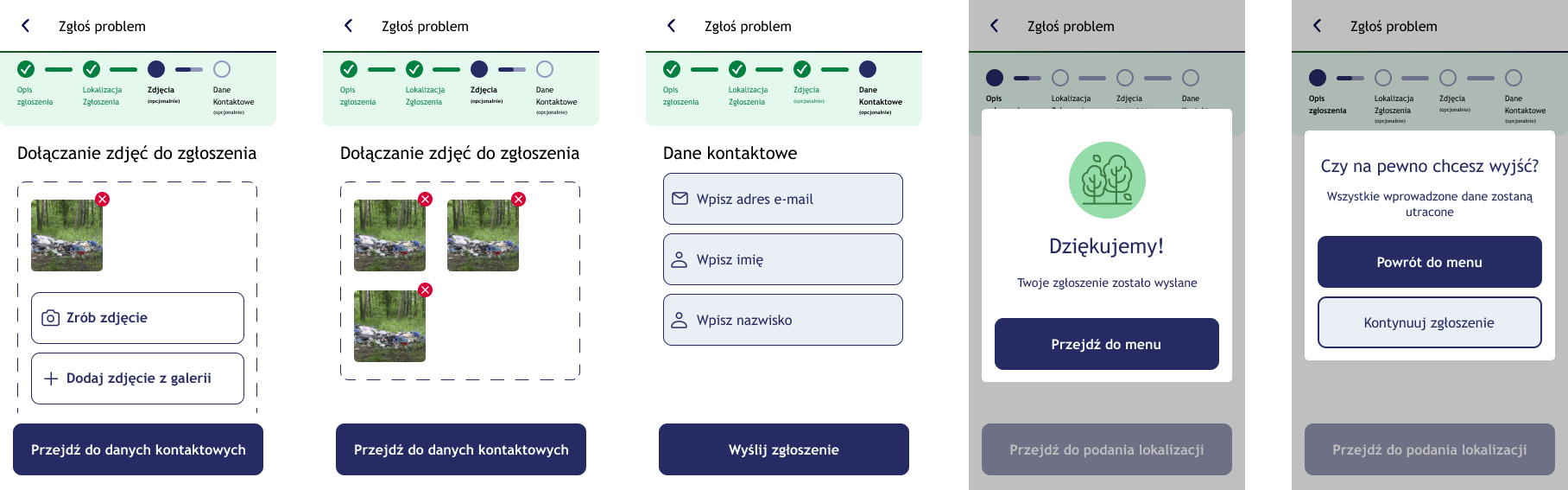 'Zgłoś problem' flow — hi-fi wireframes, screens 6–10